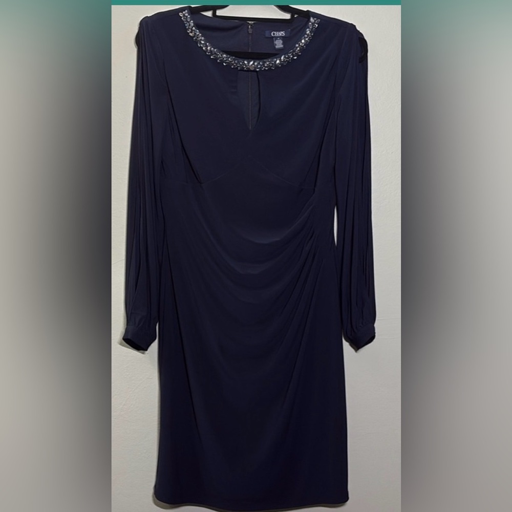Chaps navy blue Ruched Embellished dress with Long slit Sleeves 12